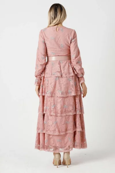 Nakışlı Kat Kat Dantel Elbise 744-Pudra (Kemer Dahil Değildir)