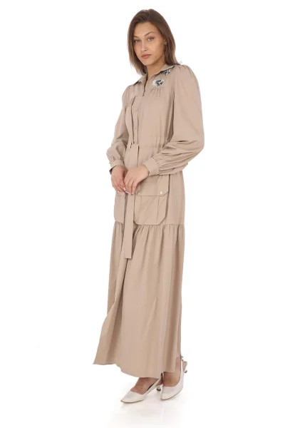 Omuz Çiçekli Bağlama Detaylı Çıtçıtlı Pamuk Elbise 2709-Bej