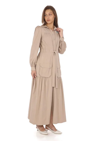 Omuz Çiçekli Bağlama Detaylı Çıtçıtlı Pamuk Elbise 2709-Bej