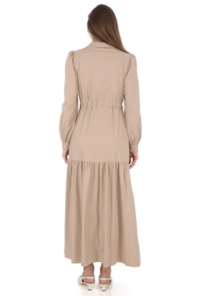 Omuz Çiçekli Bağlama Detaylı Çıtçıtlı Pamuk Elbise 2709-Bej