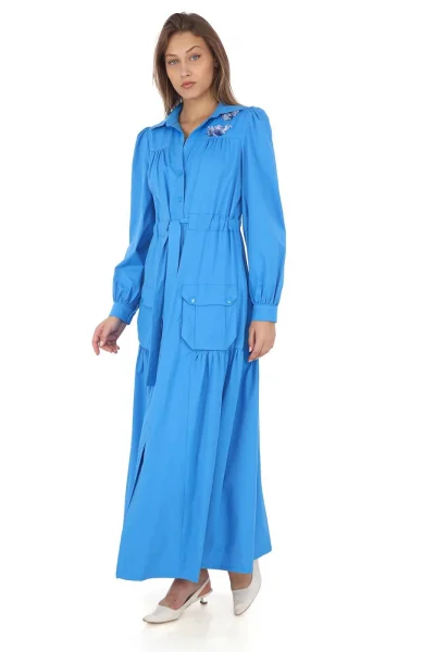 Omuz Çiçekli Bağlama Detaylı Çıtçıtlı Pamuk Elbise 2709-Mavi