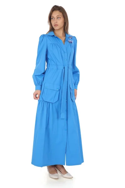 Omuz Çiçekli Bağlama Detaylı Çıtçıtlı Pamuk Elbise 2709-Mavi