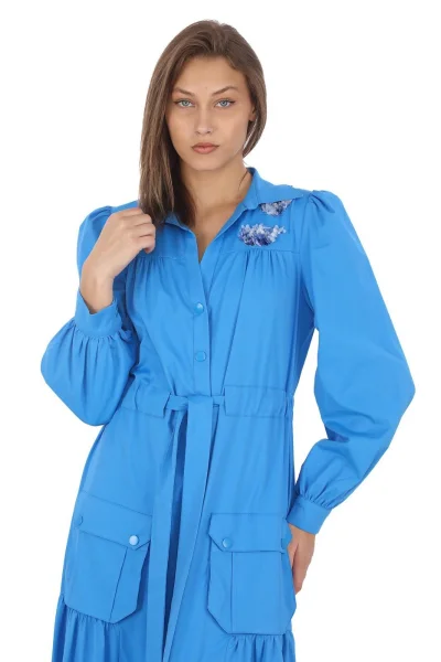 Omuz Çiçekli Bağlama Detaylı Çıtçıtlı Pamuk Elbise 2709-Mavi