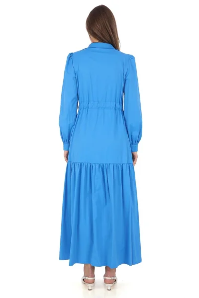 Omuz Çiçekli Bağlama Detaylı Çıtçıtlı Pamuk Elbise 2709-Mavi