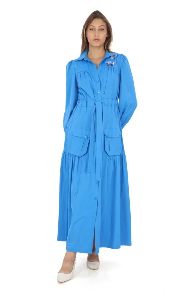 Omuz Çiçekli Bağlama Detaylı Çıtçıtlı Pamuk Elbise 2709-Mavi