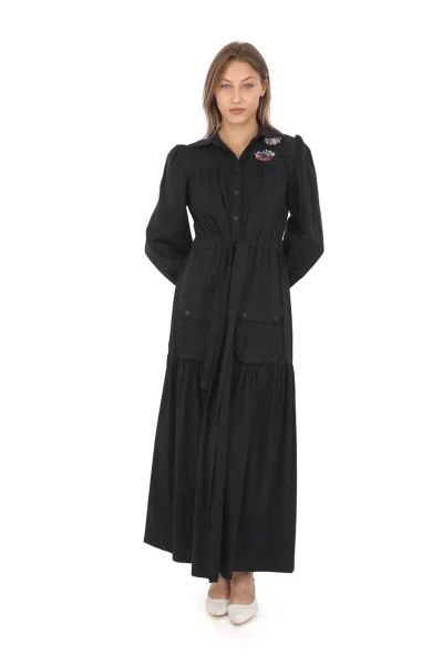 Omuz Çiçekli Bağlama Detaylı Çıtçıtlı Pamuk Elbise 2709-Siyah