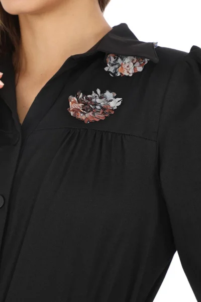 Omuz Çiçekli Bağlama Detaylı Çıtçıtlı Pamuk Elbise 2709-Siyah