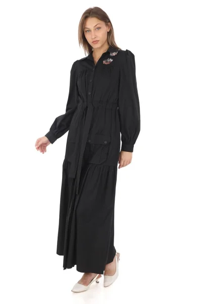 Omuz Çiçekli Bağlama Detaylı Çıtçıtlı Pamuk Elbise 2709-Siyah