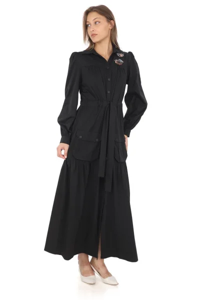 Omuz Çiçekli Bağlama Detaylı Çıtçıtlı Pamuk Elbise 2709-Siyah