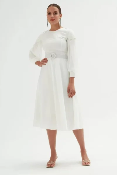 Omuz Detaylı Saten Elbise 695-Beyaz