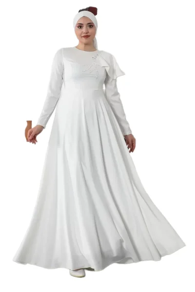 Omuz Detaylı Tesettür Abiye Elbise 701-Beyaz