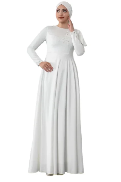 Omuz Detaylı Tesettür Abiye Elbise 701-Beyaz