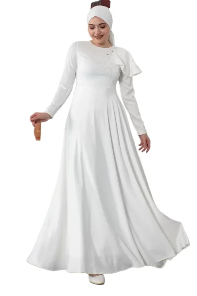 Omuz Detaylı Tesettür Abiye Elbise 701-Beyaz