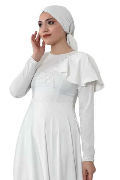 Omuz Detaylı Tesettür Abiye Elbise 701-Beyaz