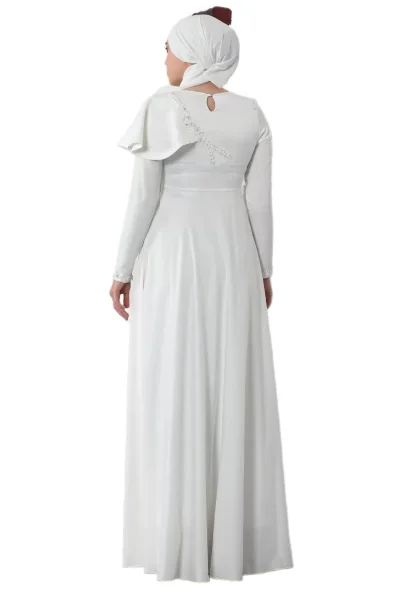 Omuz Detaylı Tesettür Abiye Elbise 701-Beyaz