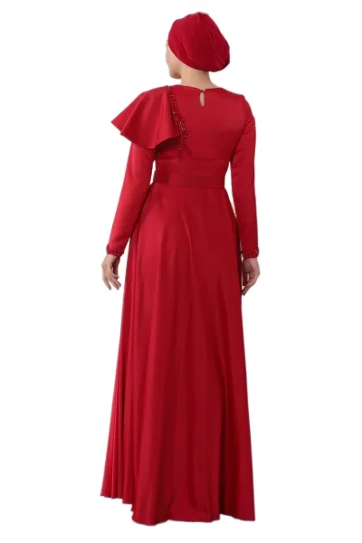 Omuz Detaylı Tesettür Abiye Elbise 701-Kırmızı