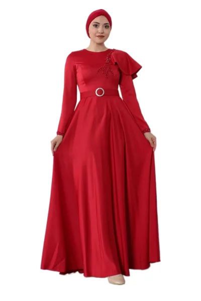 Omuz Detaylı Tesettür Abiye Elbise 701-Kırmızı
