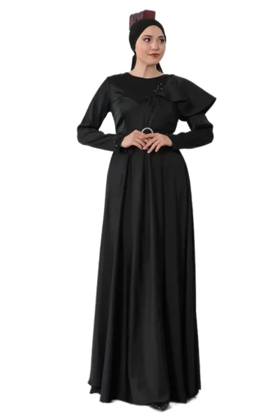 Omuz Detaylı Tesettür Abiye Elbise 701-Siyah