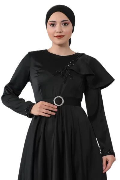 Omuz Detaylı Tesettür Abiye Elbise 701-Siyah