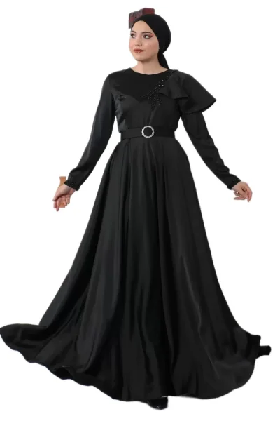 Omuz Detaylı Tesettür Abiye Elbise 701-Siyah