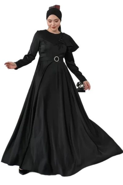 Omuz Detaylı Tesettür Abiye Elbise 701-Siyah