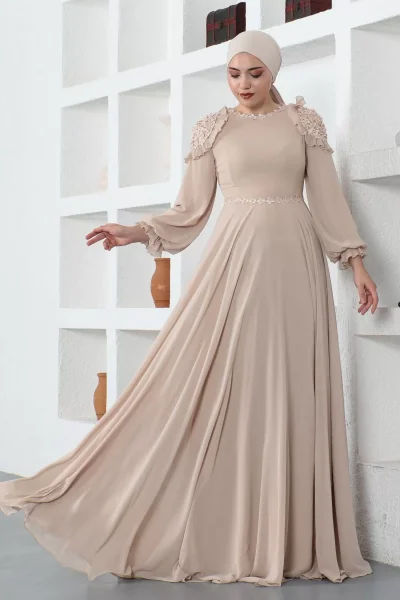 Omuz Detaylı Tesettür Abiye Elbise 727-Bej