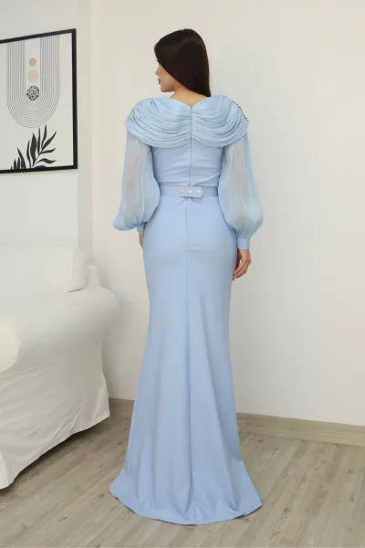 Omuz Drapeli Abiye Elbise 2314-Bebe Mavisi