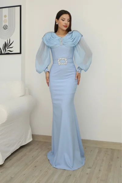 Omuz Drapeli Abiye Elbise 2314-Bebe Mavisi