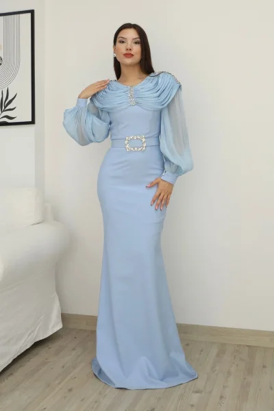 Omuz Drapeli Abiye Elbise 2314-Bebe Mavisi