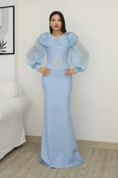 Omuz Drapeli Abiye Elbise 2314-Bebe Mavisi