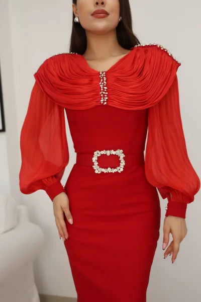 Omuz Drapeli Abiye Elbise 2314-Kırmızı