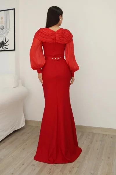 Omuz Drapeli Abiye Elbise 2314-Kırmızı