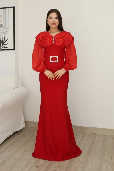 Omuz Drapeli Abiye Elbise 2314-Kırmızı