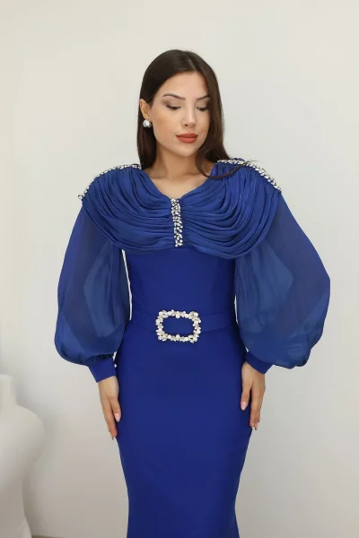 Omuz Drapeli Abiye Elbise 2314-Saks