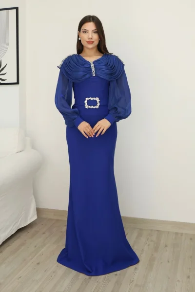 Omuz Drapeli Abiye Elbise 2314-Saks