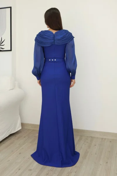 Omuz Drapeli Abiye Elbise 2314-Saks