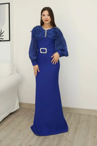 Omuz Drapeli Abiye Elbise 2314-Saks