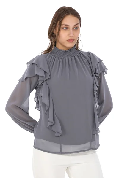 Omuz Fırfırlı Yaka Gipeli Şifon Bluz 6001-Açık Gri