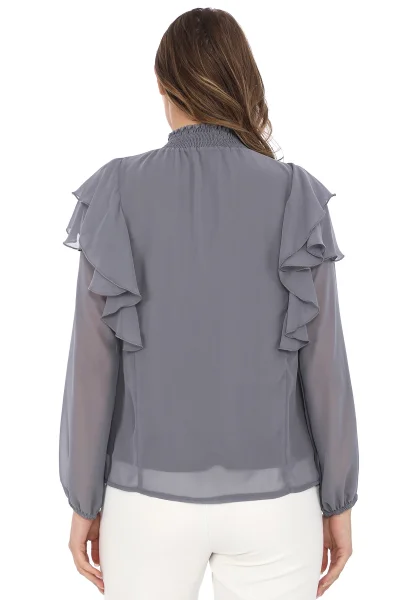 Omuz Fırfırlı Yaka Gipeli Şifon Bluz 6001-Açık Gri