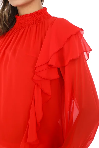 Omuz Fırfırlı Yaka Gipeli Şifon Bluz 6001-Kırmızı