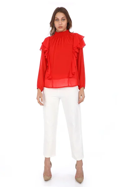 Omuz Fırfırlı Yaka Gipeli Şifon Bluz 6001-Kırmızı