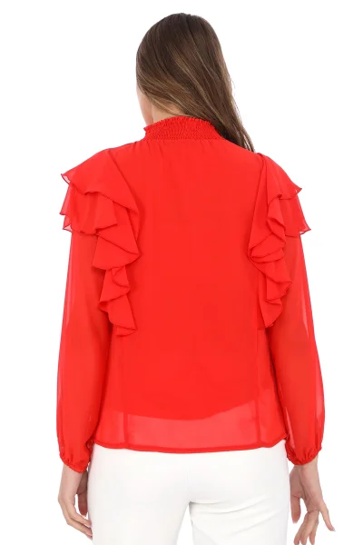 Omuz Fırfırlı Yaka Gipeli Şifon Bluz 6001-Kırmızı