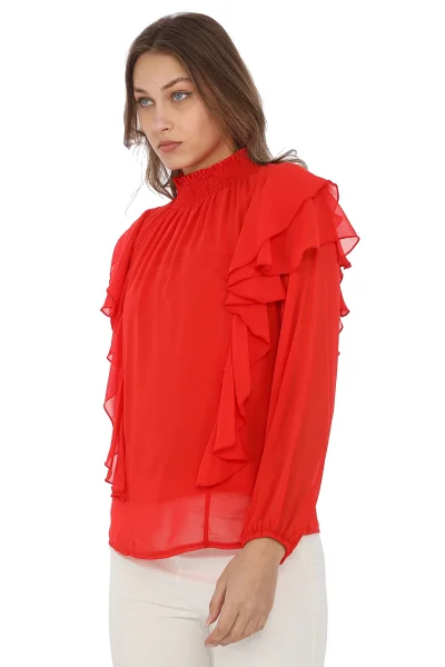 Omuz Fırfırlı Yaka Gipeli Şifon Bluz 6001-Kırmızı
