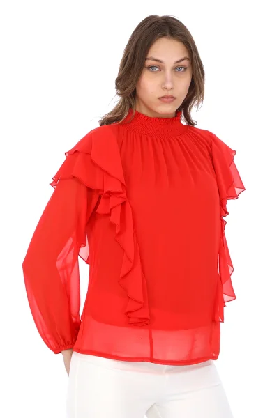 Omuz Fırfırlı Yaka Gipeli Şifon Bluz 6001-Kırmızı