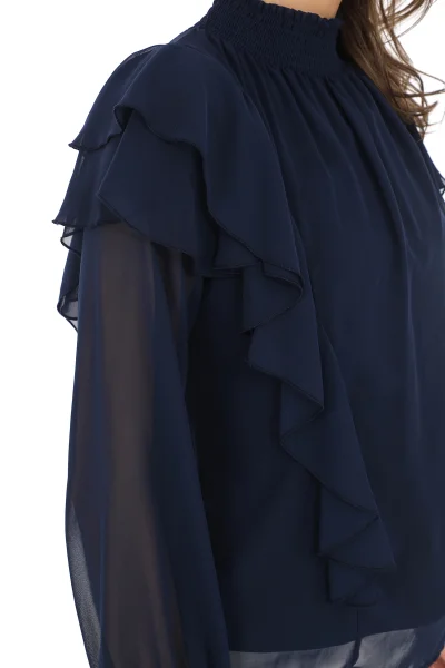 Omuz Fırfırlı Yaka Gipeli Şifon Bluz 6001-Lacivert