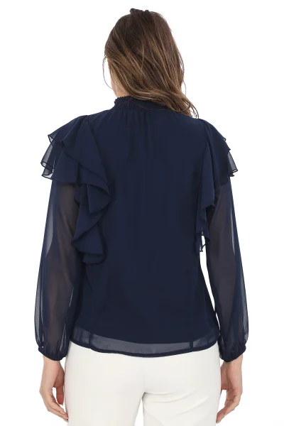 Omuz Fırfırlı Yaka Gipeli Şifon Bluz 6001-Lacivert