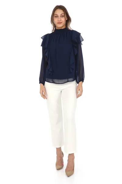 Omuz Fırfırlı Yaka Gipeli Şifon Bluz 6001-Lacivert