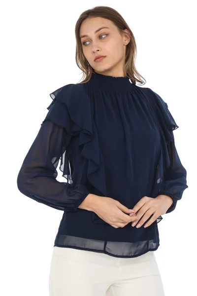 Omuz Fırfırlı Yaka Gipeli Şifon Bluz 6001-Lacivert