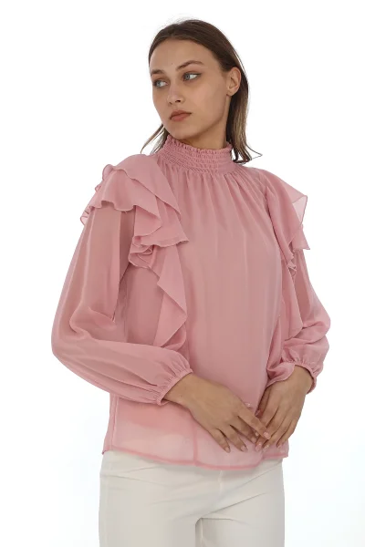 Omuz Fırfırlı Yaka Gipeli Şifon Bluz 6001-Pudra