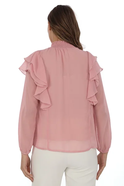 Omuz Fırfırlı Yaka Gipeli Şifon Bluz 6001-Pudra
